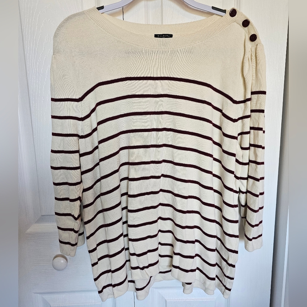 Talbots Cream Knit Sweater Maroon Stripes